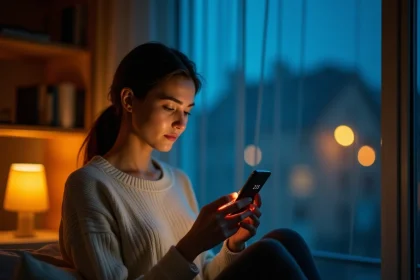 Femme contemplant son téléphone affichant 22h55, assise près d'une fenêtre la nuit, en lien avec le concept de la flamme jumelle