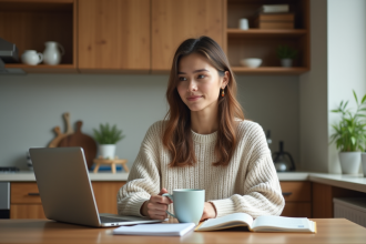 Femme assise à la cuisine avec un mug et ordinateur