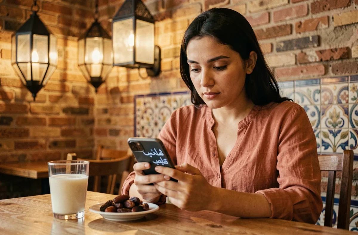 Jeune femme tunisienne consultant son téléphone dans un café traditionnel pendant le Ramadan pour choisir la bonne formule de salutation