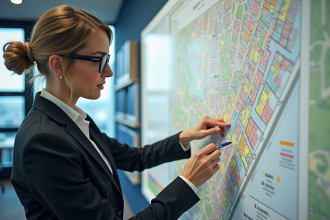 Femme en urbanisme pointant un plan de ville