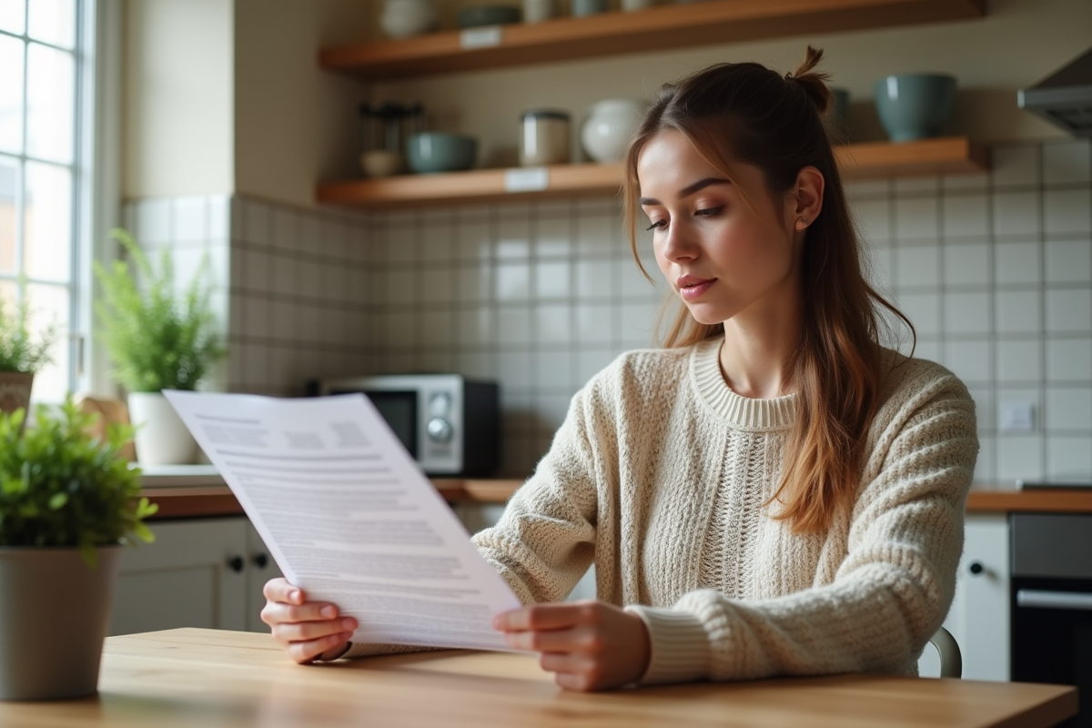 Jeune femme évaluant un rapport immobilier à la cuisine
