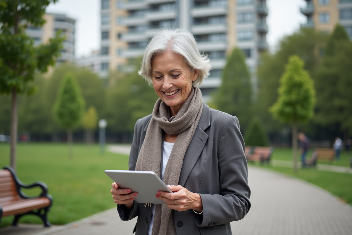 Femme âgée vérifiant son relevé de pension en extérieur