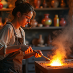Verrière femme dans un atelier ensoleillé façonnant du verre chaud