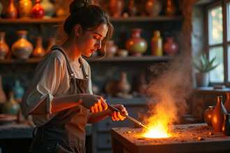 Verrière femme dans un atelier ensoleillé façonnant du verre chaud