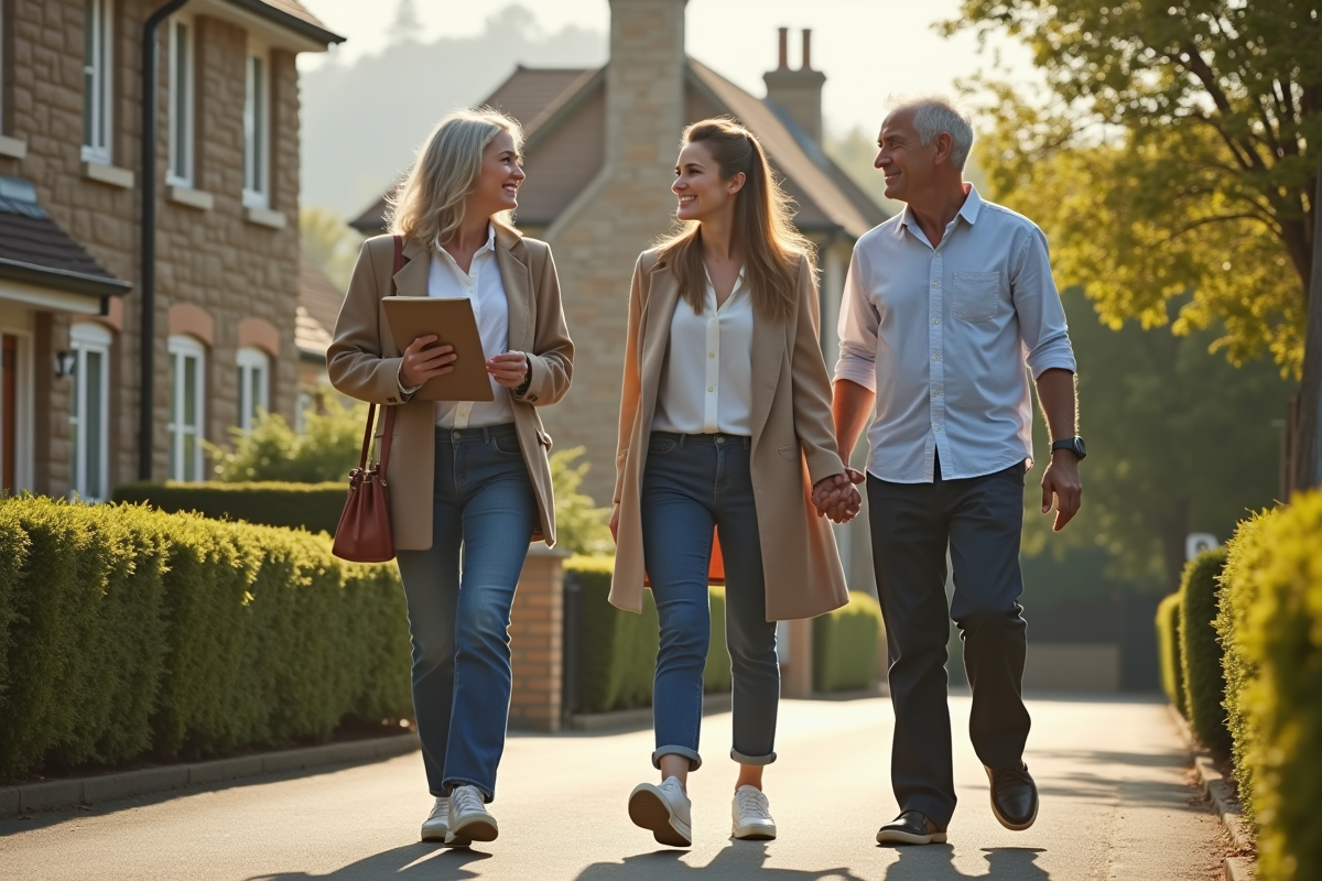 Jeune femme avec un clipboard marchant avec un couple dans un quartier résidentiel