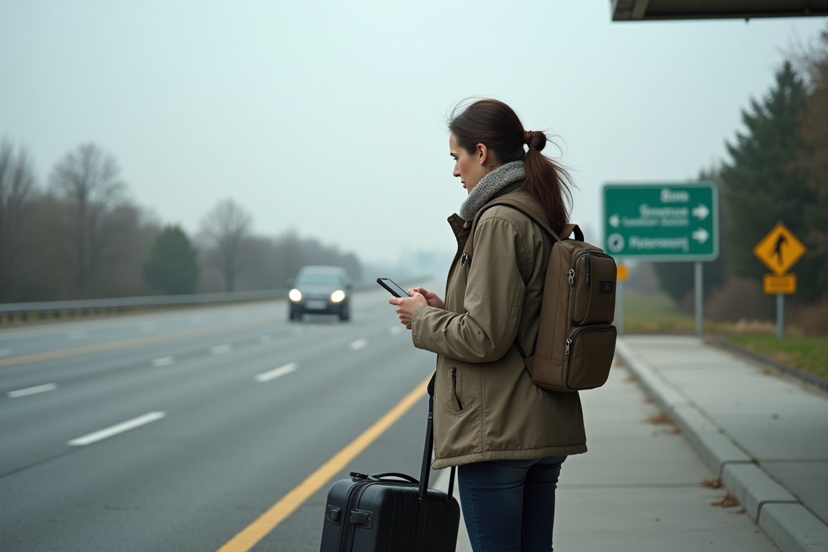 Femme attendant à un arrêt de route avec voiture qui s