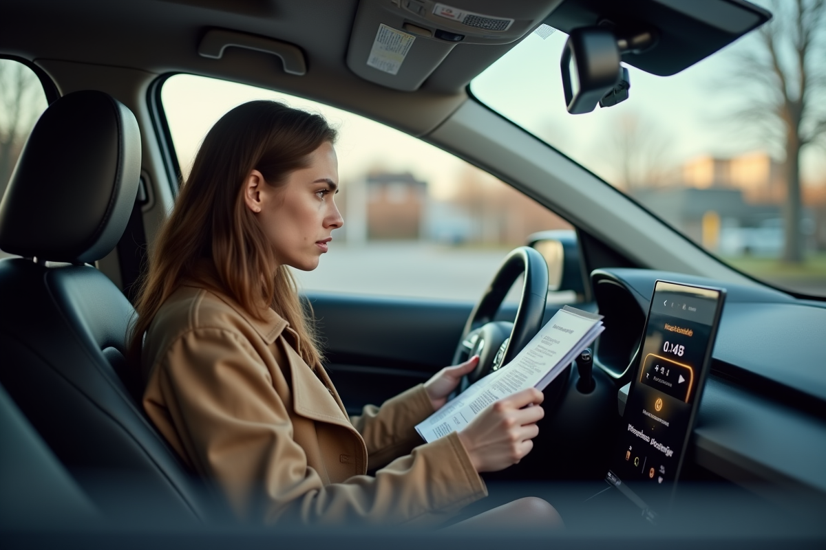 Femme frustrée dans sa voiture avec affichage défaillance