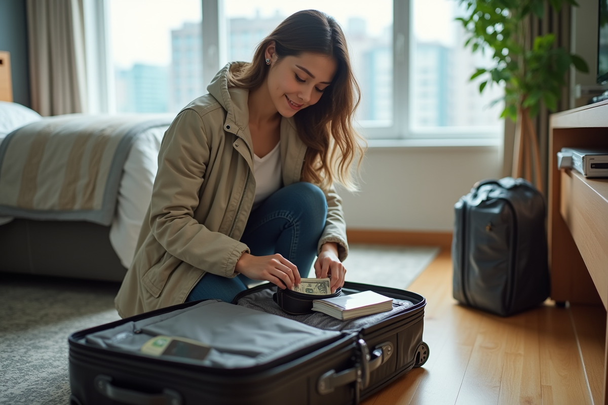 Jeune femme organisant ses documents dans une chambre d