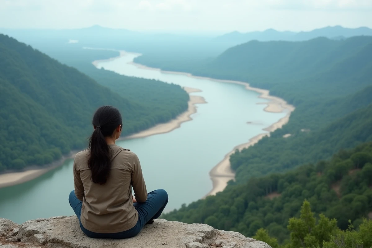 Jeune femme sur le rocher avec vue sur la vallée fluviale