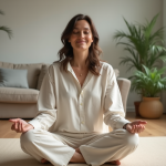 Femme en yoga dans un intérieur serein et cosy