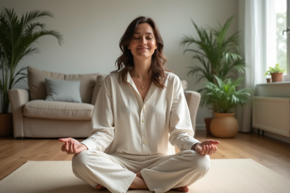 Femme en yoga dans un intérieur serein et cosy