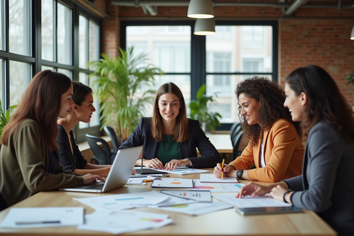 Groupe de femmes en réunion dans un espace coworking