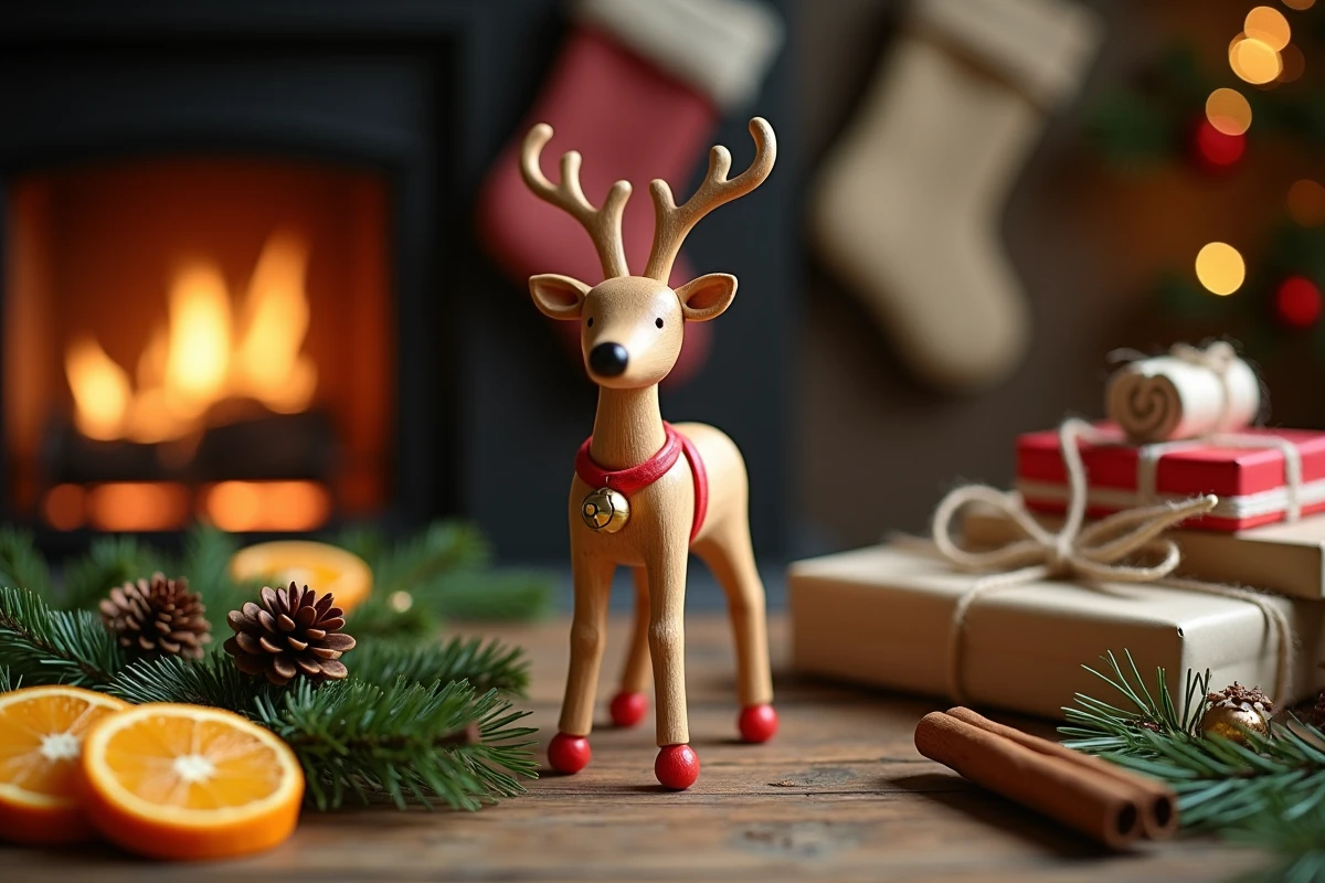 Figurine artisanale en bois de renne du Père Noël entourée de décorations de Noël naturelles sur une table rustique avec cheminée en arrière-plan