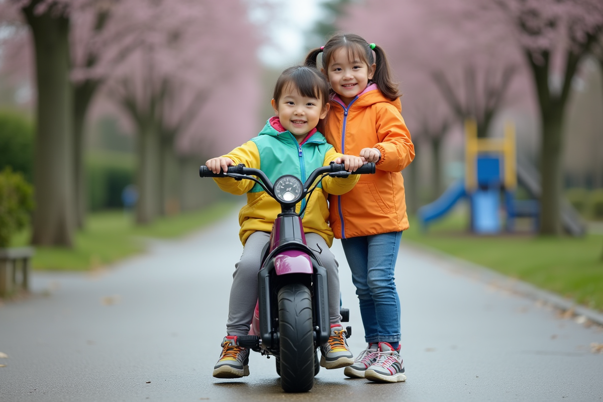 Jeune fille avec minibike Yamaha Piwi 50 dans un parc
