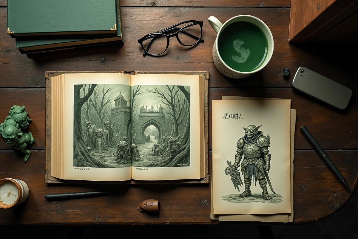 Flatlay éditorial de manhwas fantasy, figurine de gobelin et fan art sur une table en bois illustrant l'univers de I Reincarnated as an SSS-Ranked Goblin