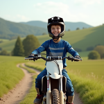 Jeune garçon en motocross souriant sur une moto en pleine nature