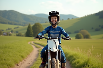 Jeune garçon en motocross souriant sur une moto en pleine nature