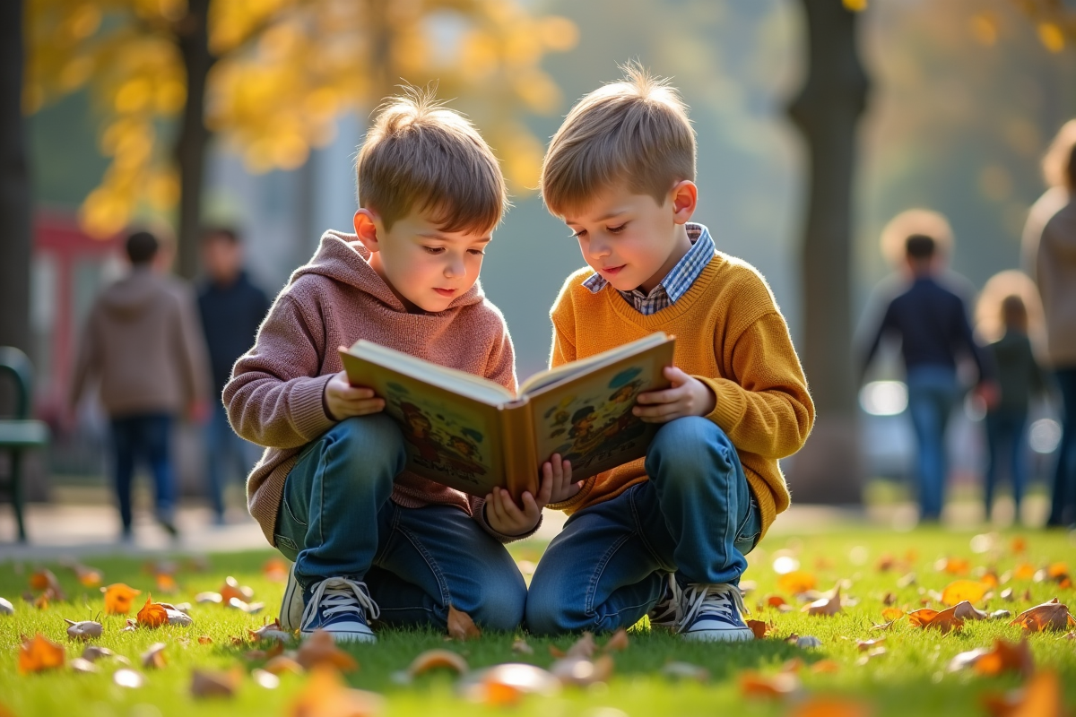 Deux garçons lisant un livre dans un parc urbain