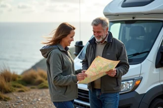camping-car moderne sur une route pittoresque en pleine nature