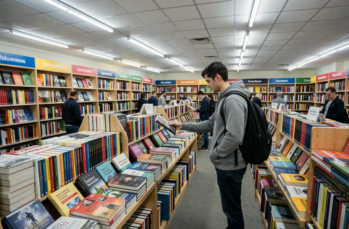 Intérieur de Gibert Toulouse avec ses rayonnages de manuels universitaires et livres d'occasion