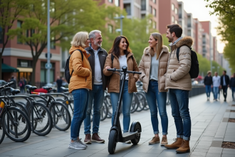 Groupe diversifié avec vélo et scooter en ville