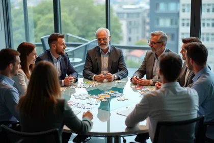 Groupe divers de sept adultes en réunion de travail
