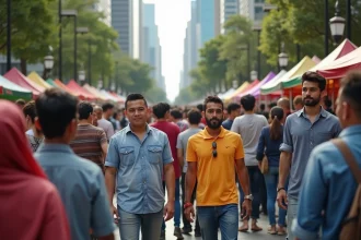 Groupe diversifié dans une place urbaine animée