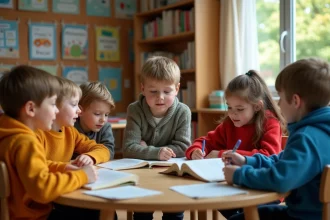 Enfants de 7 ans lisant un poème dans une classe chaleureuse