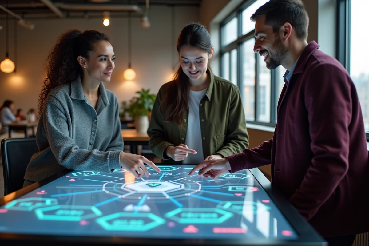 Groupe de joueurs adultes en train de débattre d'une stratégie sur une table interactive affichant un jeu de stratégie futuriste en espace coworking