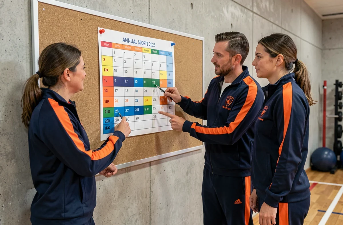 Groupe de sportifs affichant un planning annuel 2026 avec calendrier semaines paires et impaires dans une salle de sport