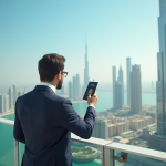 Homme d'affaires confiant tenant un passeport et documents fiscaux avec la skyline de Dubaï