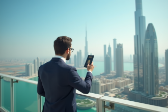 Homme d'affaires confiant tenant un passeport et documents fiscaux avec la skyline de Dubaï