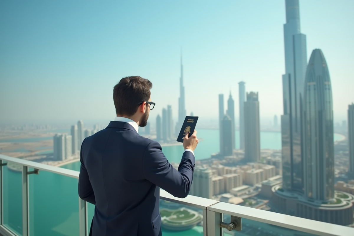 Homme d'affaires confiant tenant un passeport et documents fiscaux avec la skyline de Dubaï