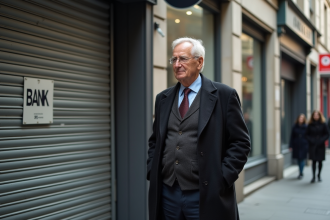 Homme âgé en costume devant une banque fermée