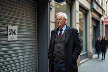Homme âgé en costume devant une banque fermée