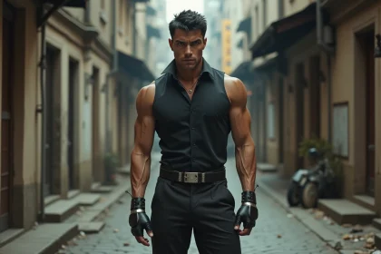 Homme athlétique en pose dynamique dans une ruelle urbaine
