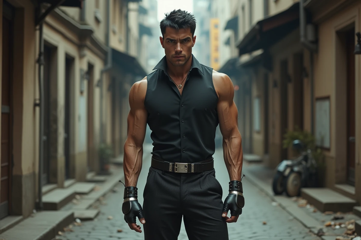 Homme athlétique en pose dynamique dans une ruelle urbaine