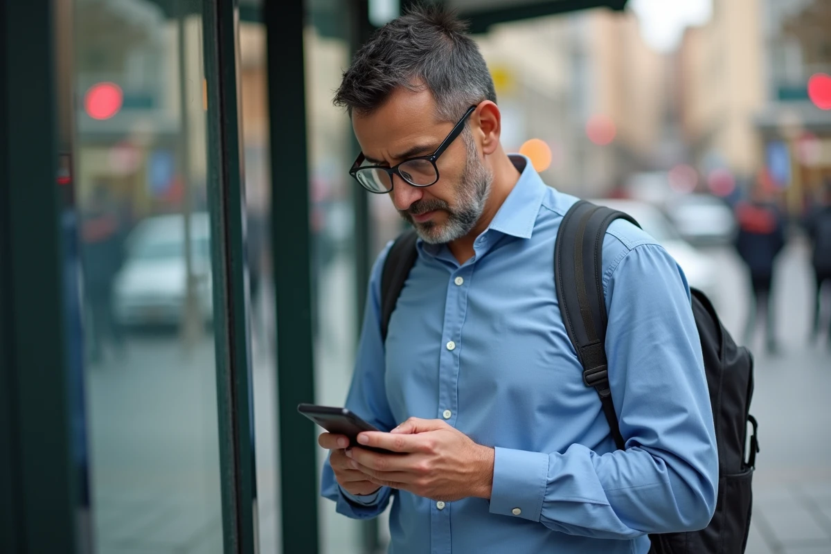 Homme regardant son smartphone à un arrêt de bus en ville