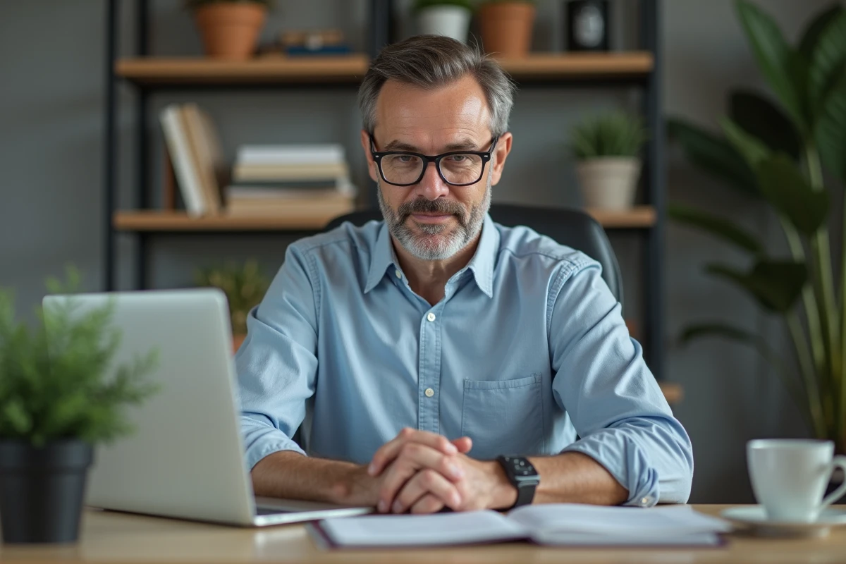 Homme d age moyen en chat en ligne dans un bureau moderne