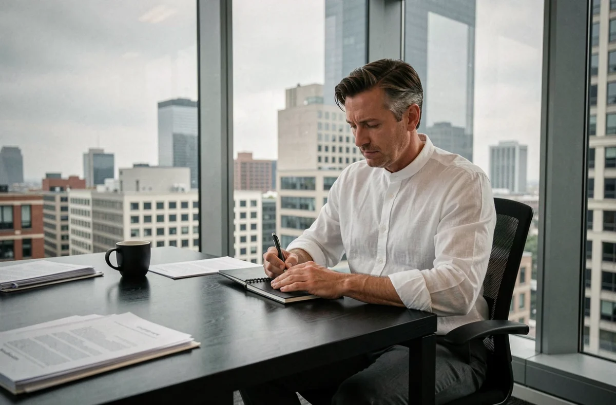 Homme en chemise blanche écrivant dans un carnet noir dans un bureau moderne symbolisant le contraste psychologique noir et blanc