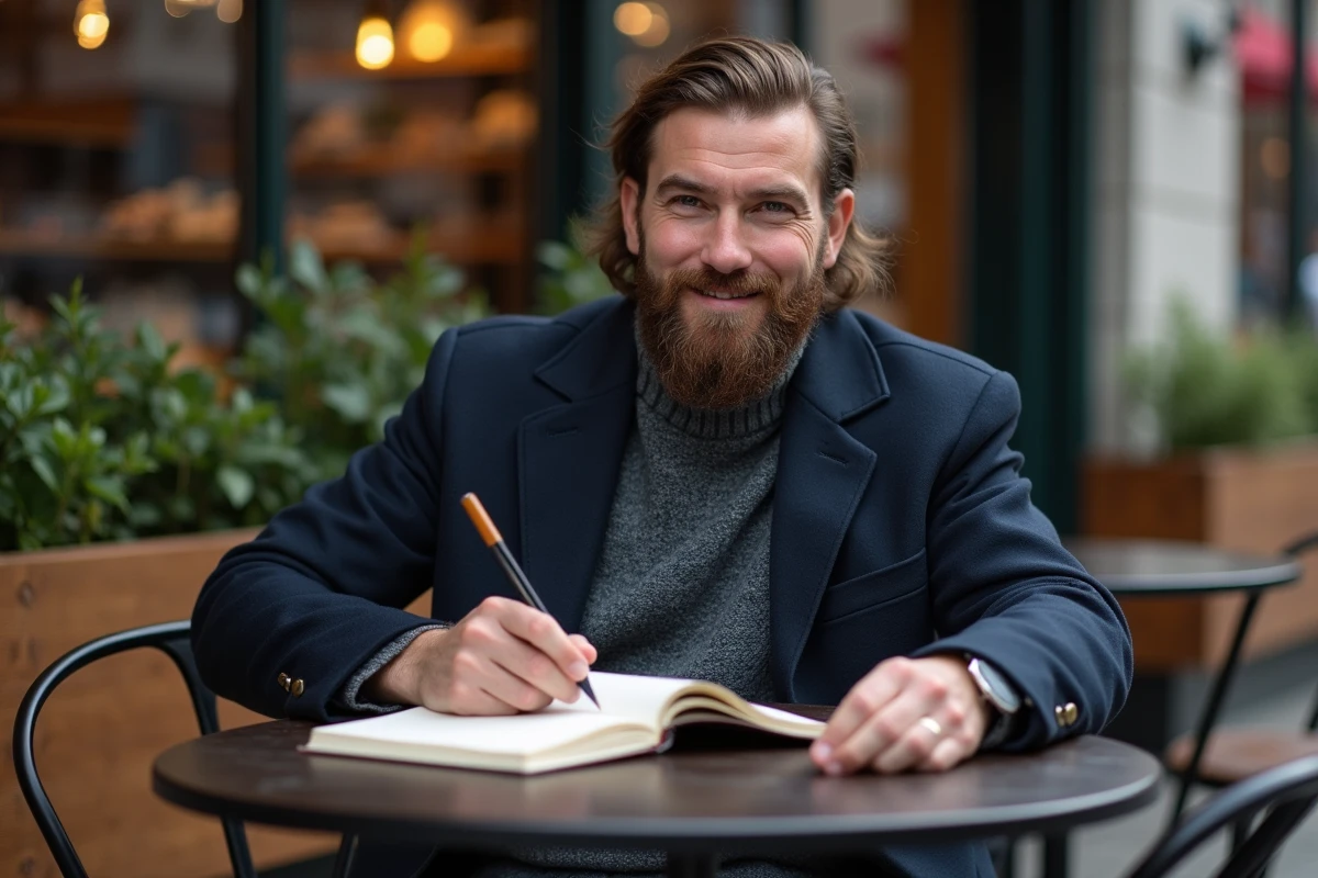 Homme avec barbe écrivant dans un café en extérieur