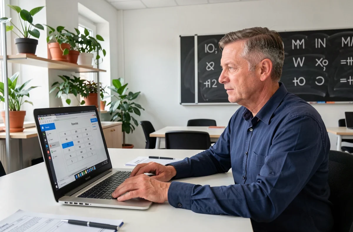 Homme utilisant un convertisseur de chiffres romains en ligne sur ordinateur portable dans un espace de travail moderne