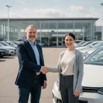 Homme d'âge moyen serrant la main d'une femme courtière automobile
