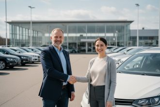 Homme d'âge moyen serrant la main d'une femme courtière automobile