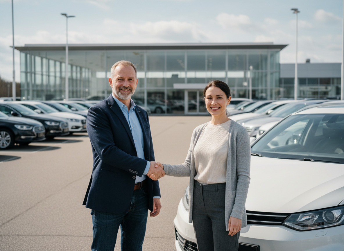 Homme d'âge moyen serrant la main d'une femme courtière automobile