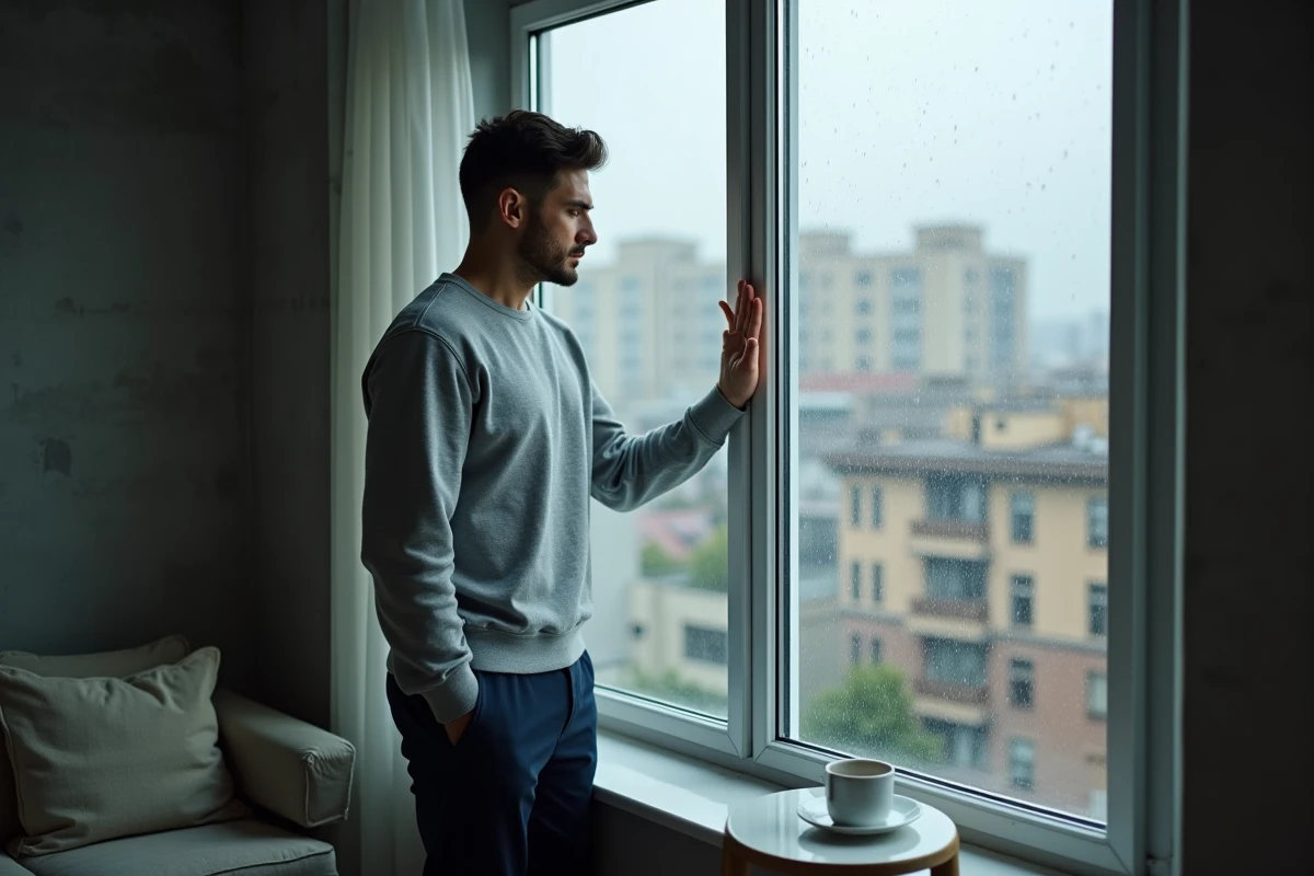 Homme appuyé contre une fenêtre pluvieuse dans un appartement minimaliste, exprimant la douleur intérieure d'une trahison sentimentale
