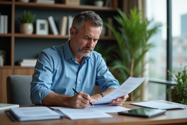 Homme d'âge moyen examinant des documents financiers dans un salon