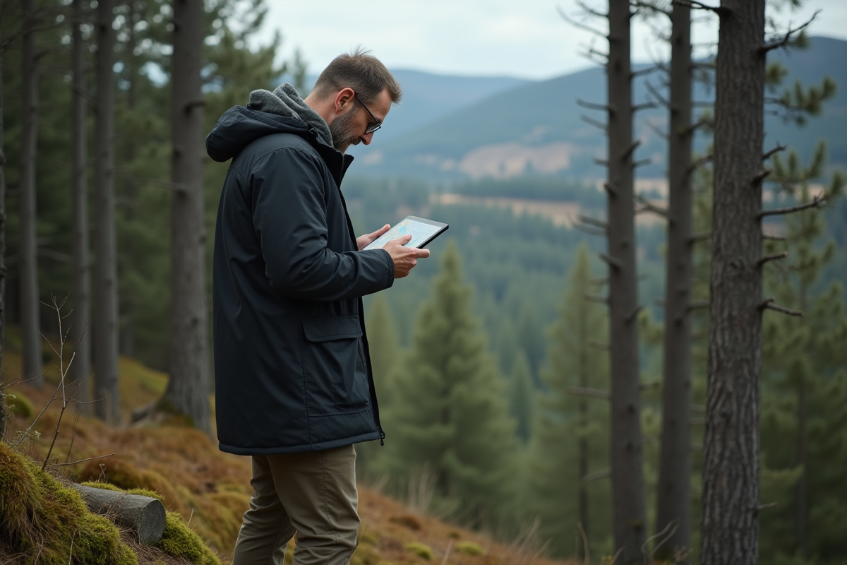 Homme en plein air étudiant une carte dans la forêt