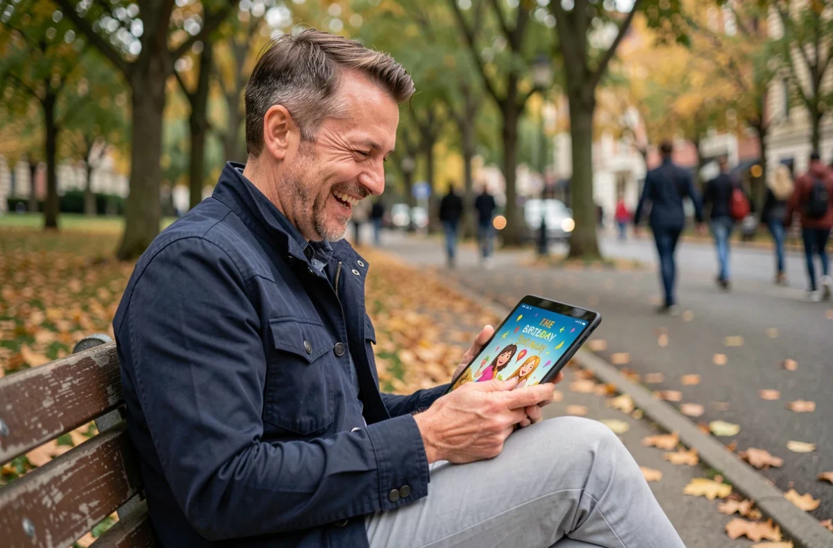 Homme souriant dans un parc en regardant un gif d'anniversaire rigolo sur sa tablette numérique