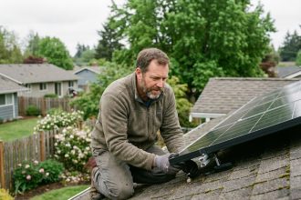 Homme installant des panneaux solaires sur un toit résidentiel